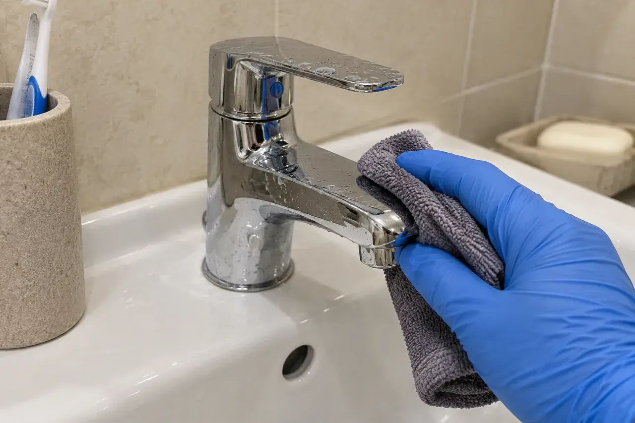 Удаление капель воды со смесителя мягкой салфеткой