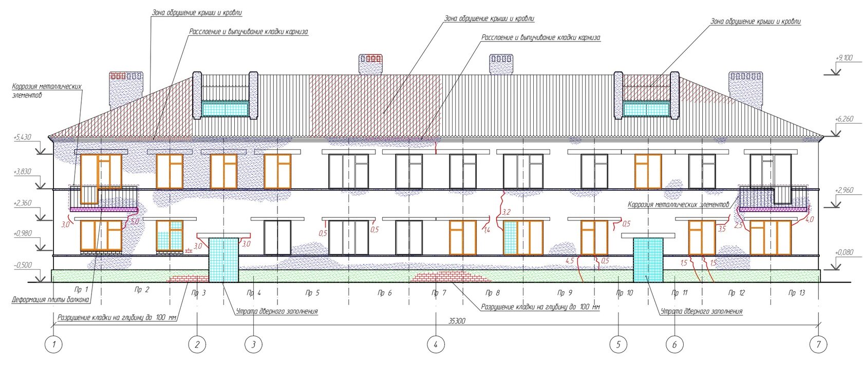 Схема расположения дефектов на фасаде обследуемого здания