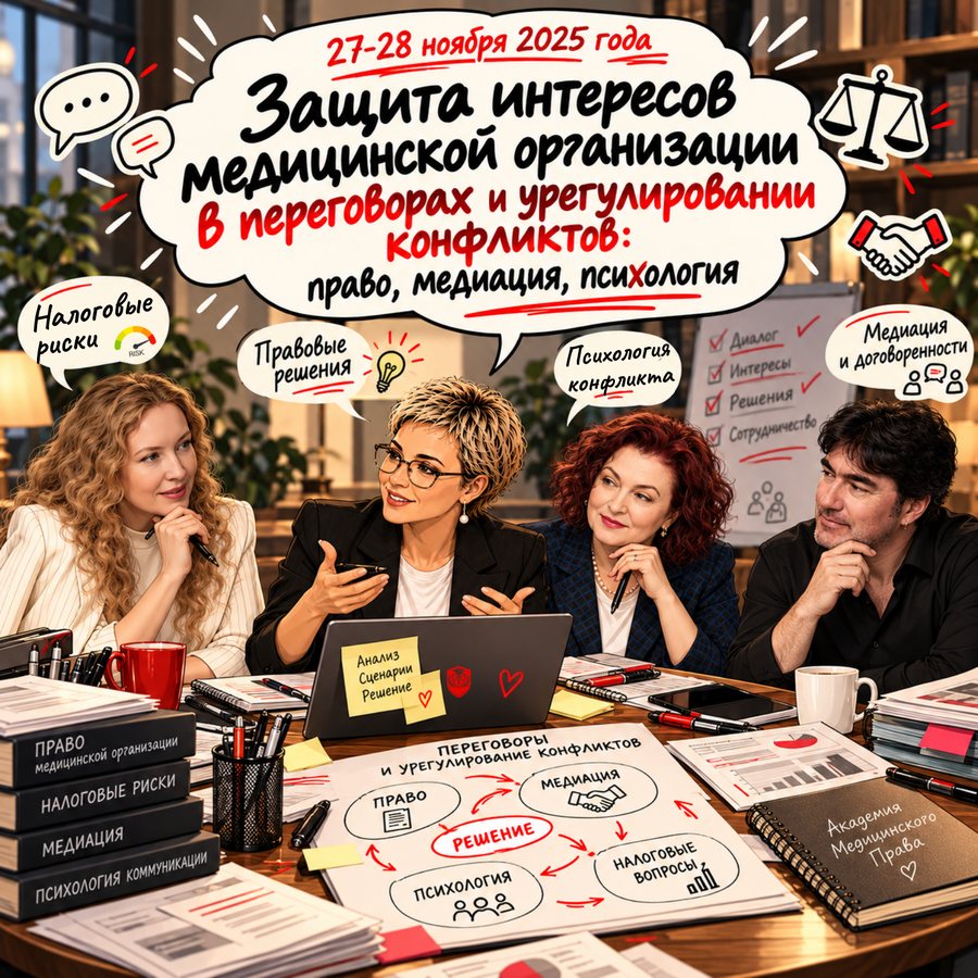 Комикс к семинару 27-28 ноября 2025 года. «Защита интересов медицинской организации в переговорах и урегулировании конфликтов: право, медиация, психология»