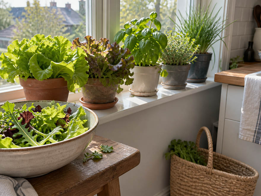Freshly harvested salad greens beside small container vegetables on a sunny windowsill