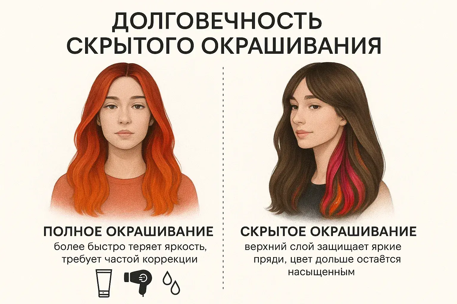 Сравнение полного и скрытого окрашивания: рыжие волосы теряют яркость быстрее, скрытые пряди дольше остаются насыщенными.
