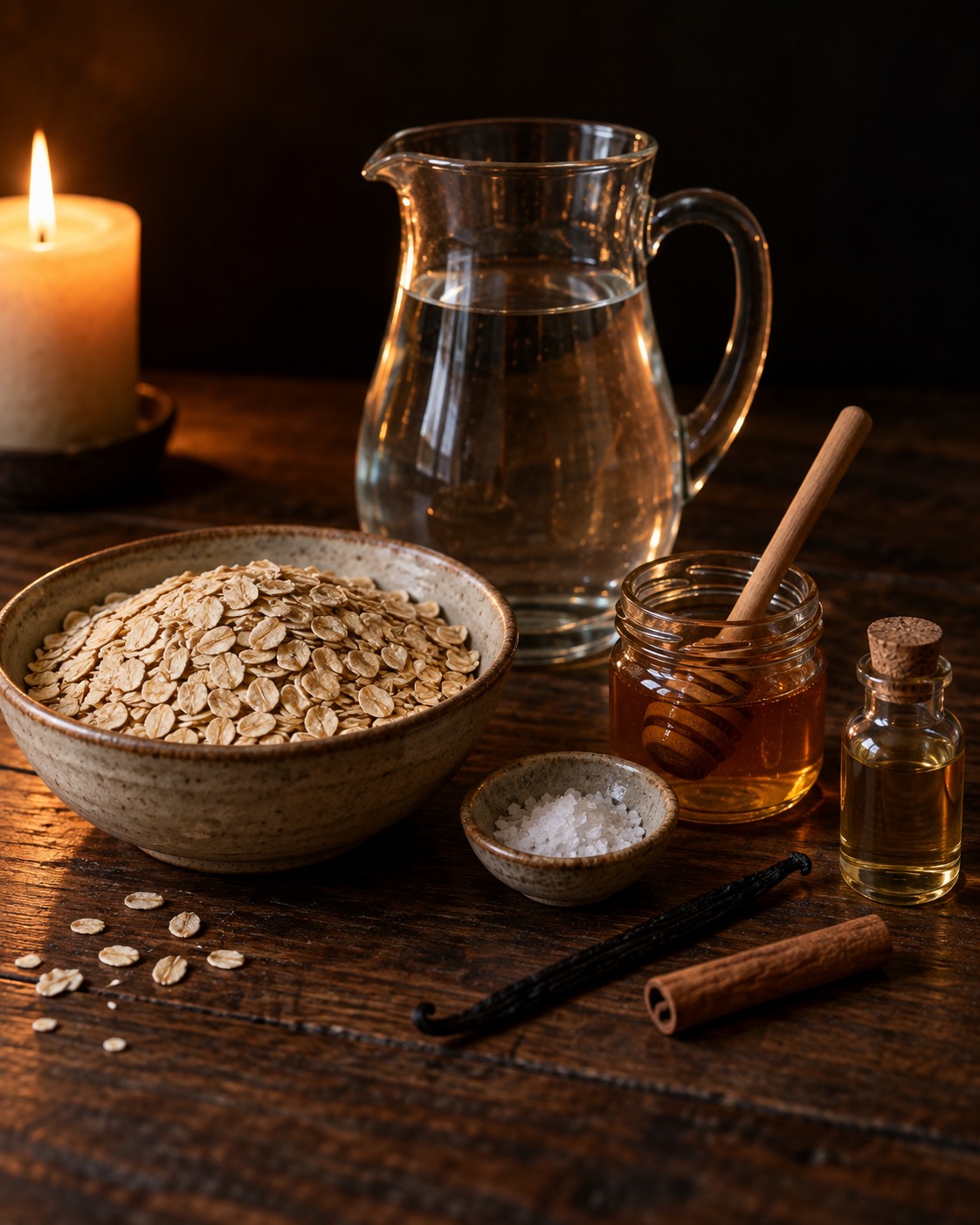 Ingredients for oat milk: a bowl of rolled oats, a pitcher of water, salt, honey, almond oil, a vanilla bean and a cinnamon stick