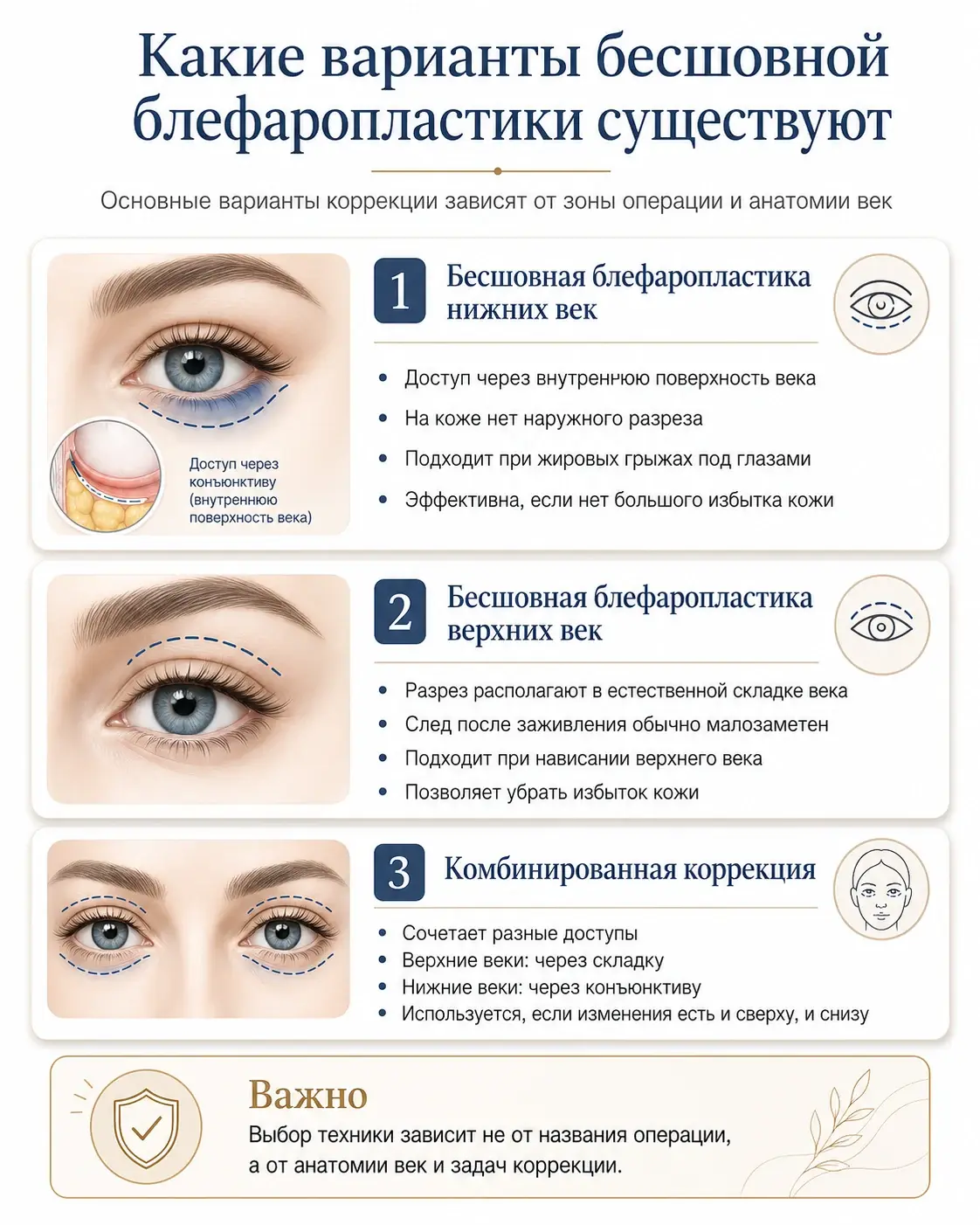 Варианты бесшовной блефаропластики: коррекция верхних и нижних век и комбинированная операция
