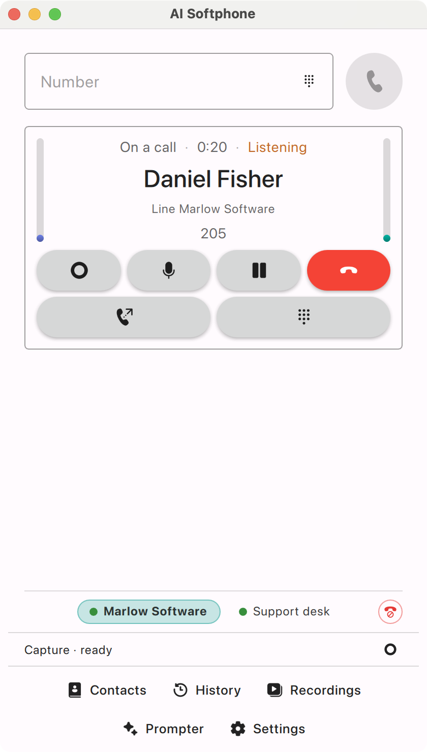 AI Softphone — Hold, mute, transfer and conference from a single call window.