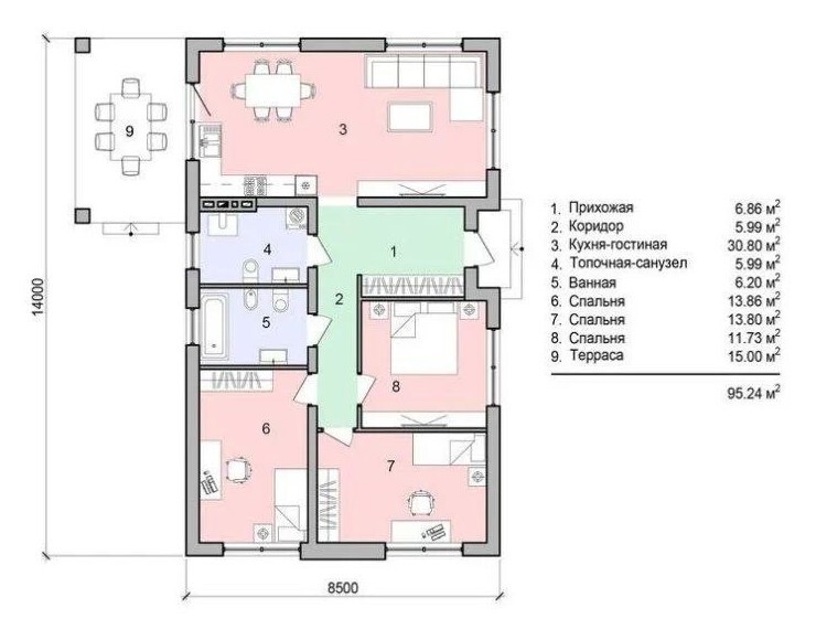 Планировка одноэтажного дома 95,24 м² с указанием площадей комнат