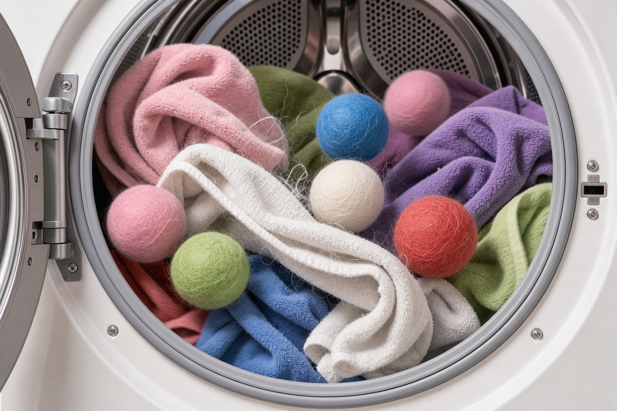 Dryer interior with several wool dryer balls and fluffy towels tumbling, focus on separation of fibers and fluff, no branded items