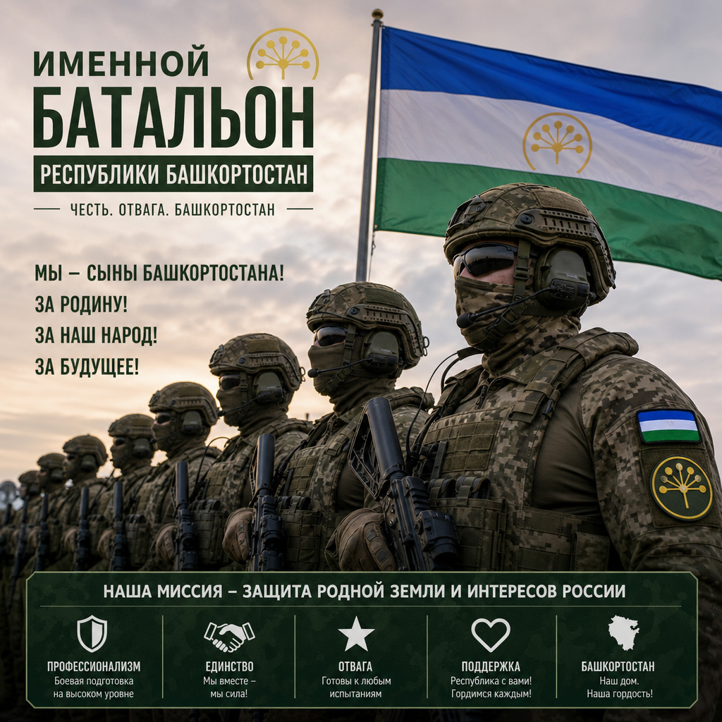 Бойцы именного батальона Республики Башкортостан перед отправкой — группа военнослужащих в полной боевой экипировке, на шевронах символика Башкортостана, рядом развёрнут флаг республики