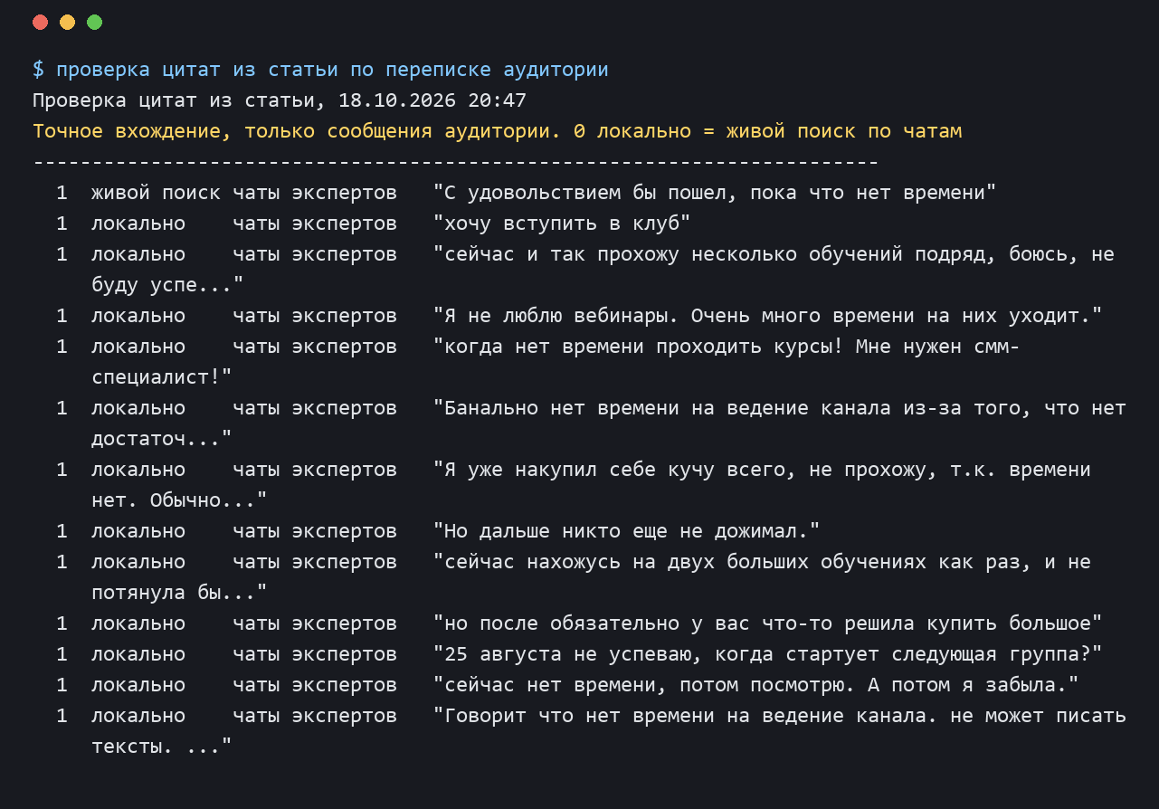 Скрин проверки цитат из статьи по переписке аудитории, у каждой цитаты найдено вхождение