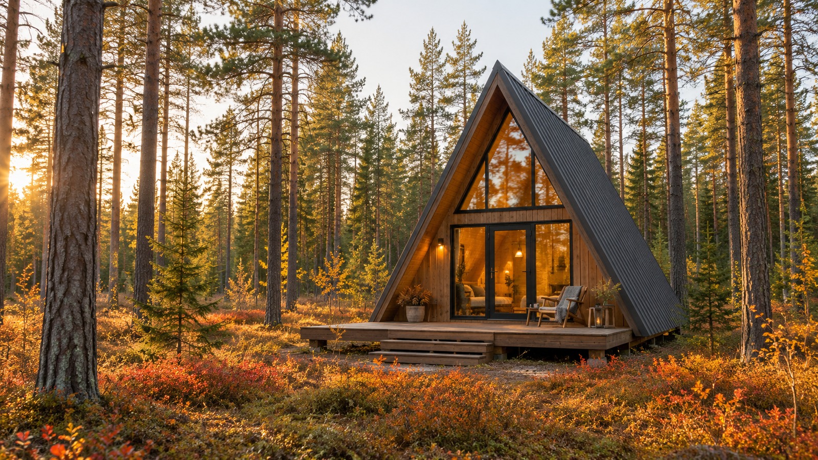Домик A-frame у соснового леса осенью