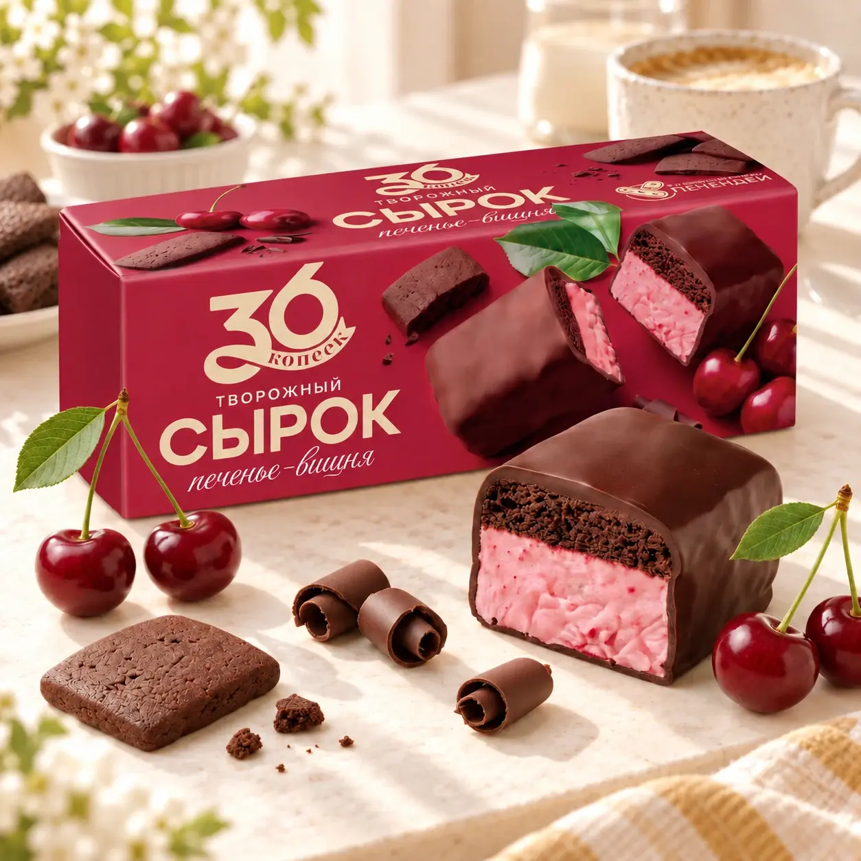 Сырок творожный печенье — вишня — упаковка 36 копеек