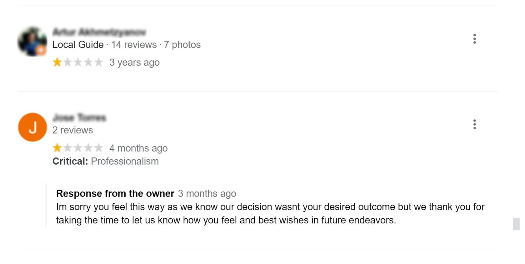 Bad reviews that hurt our client