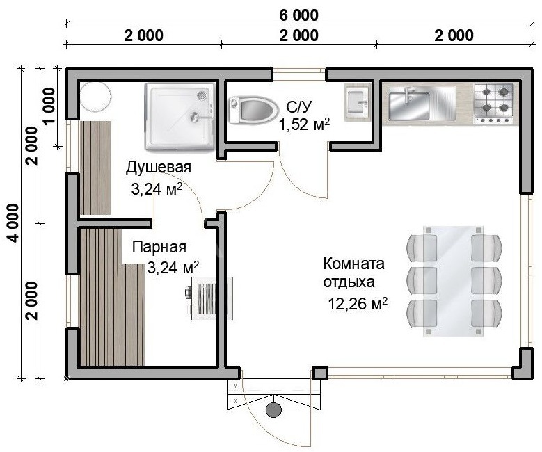 Планировка бани с кухней