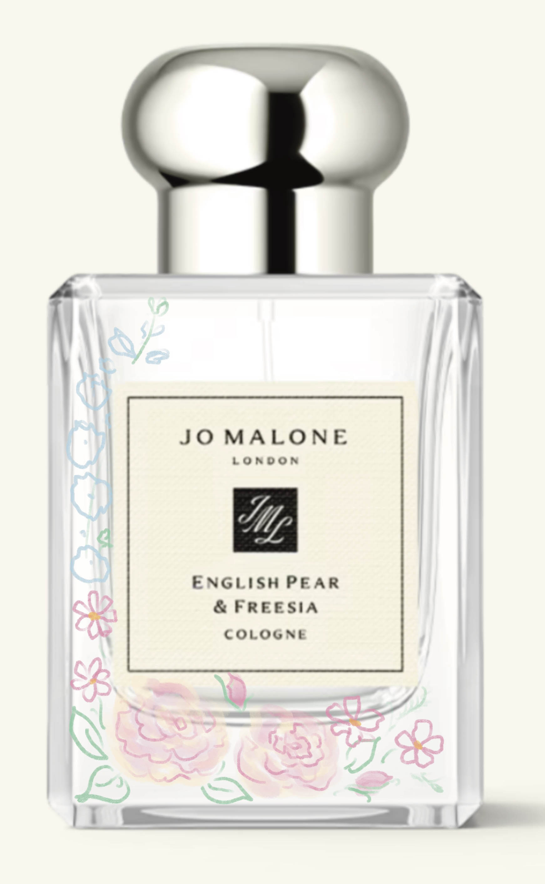 Jo Malone perfume bottle featuring a custom hand-painted floral design mockup for client review by Julia Razz.