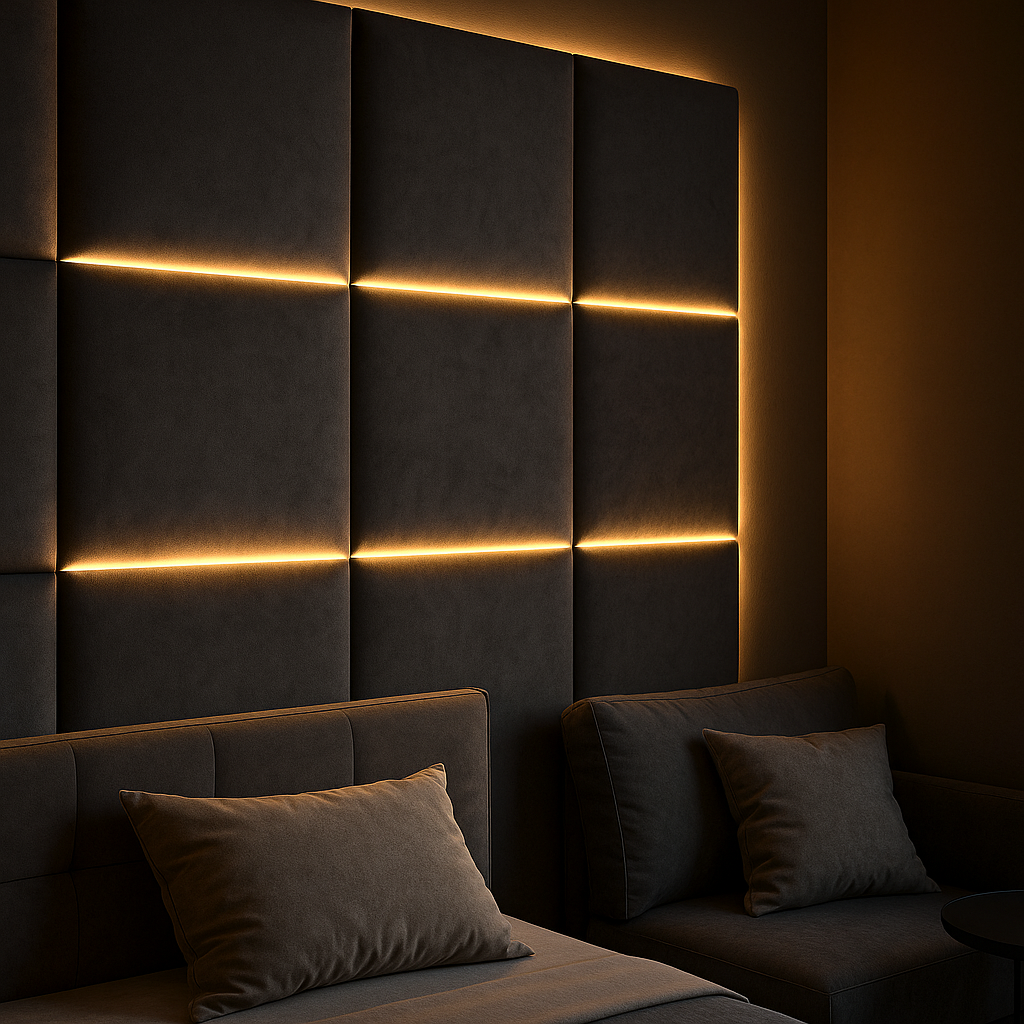 Мягкие настенные панели с тёплой светодиодной подсветкой за кроватью в современном интерьере спальни.