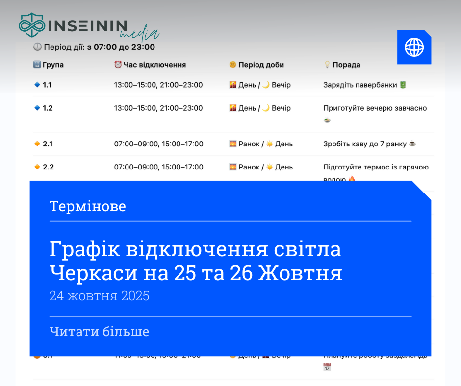Графік відключення світла Черкаси на 25 та 26 Жовтня