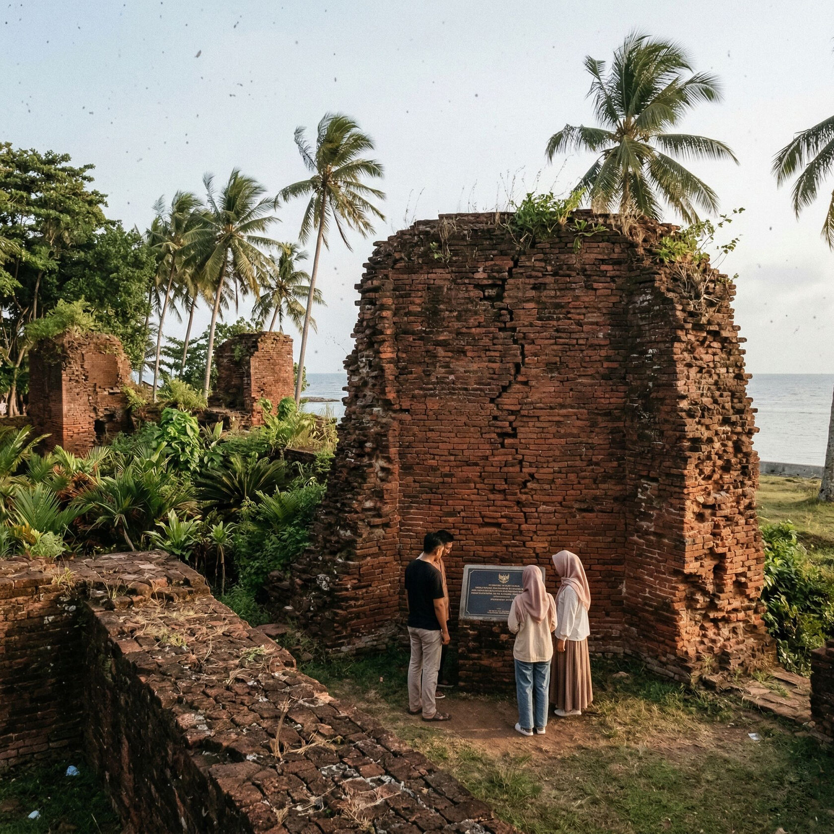 Pengunjung menelusuri situs Benteng Sanrobone di Takalar Sulawesi Selatan