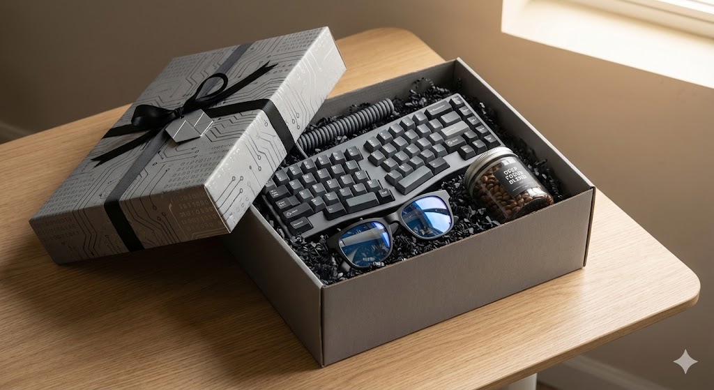 Подарочный набор для веб-разработчика: клавиатура и кофе 