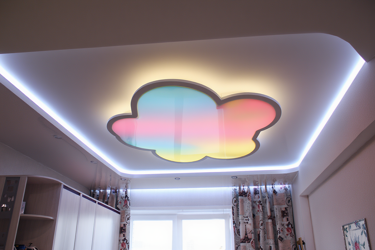 Двухуровневый натяжной потолок в детской Москва с RGB светодиодной подсветкой облако, цветная подсветка для детской комнаты