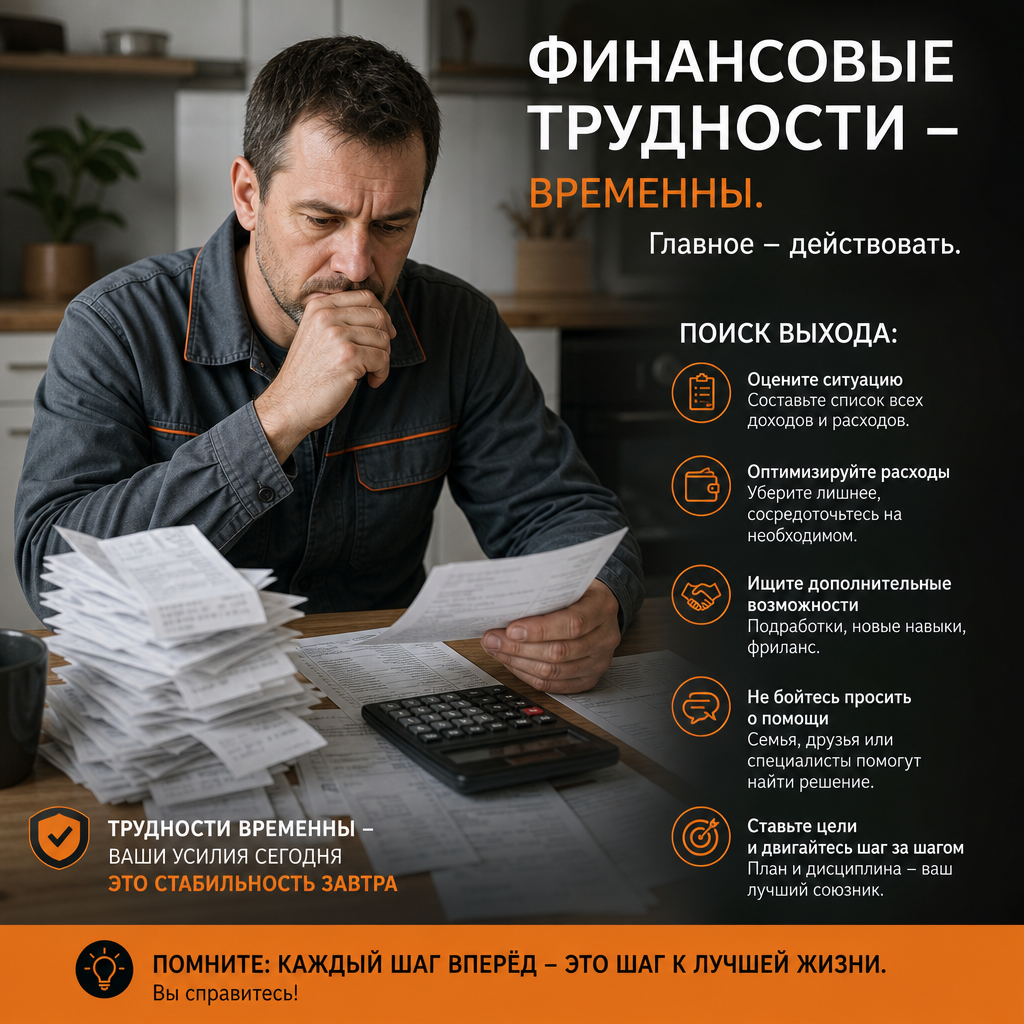 Мужчина средних лет в рабочей одежде сидит за столом, перед ним — стопка квитанций и калькулятор. Выражение лица сосредоточенное, задумчивое. Контекст — финансовые трудности и поиск выхода из ситуации.