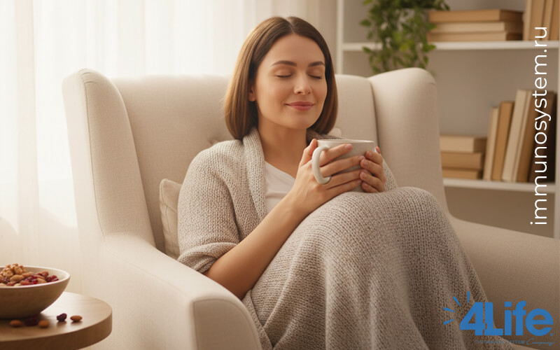 Женщина отдыхает с чашкой в уютном кресле — спокойствие, восстановление и поддержка иммунитета