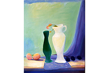 картина зеленая и белая вазы с абрикосами и оливами