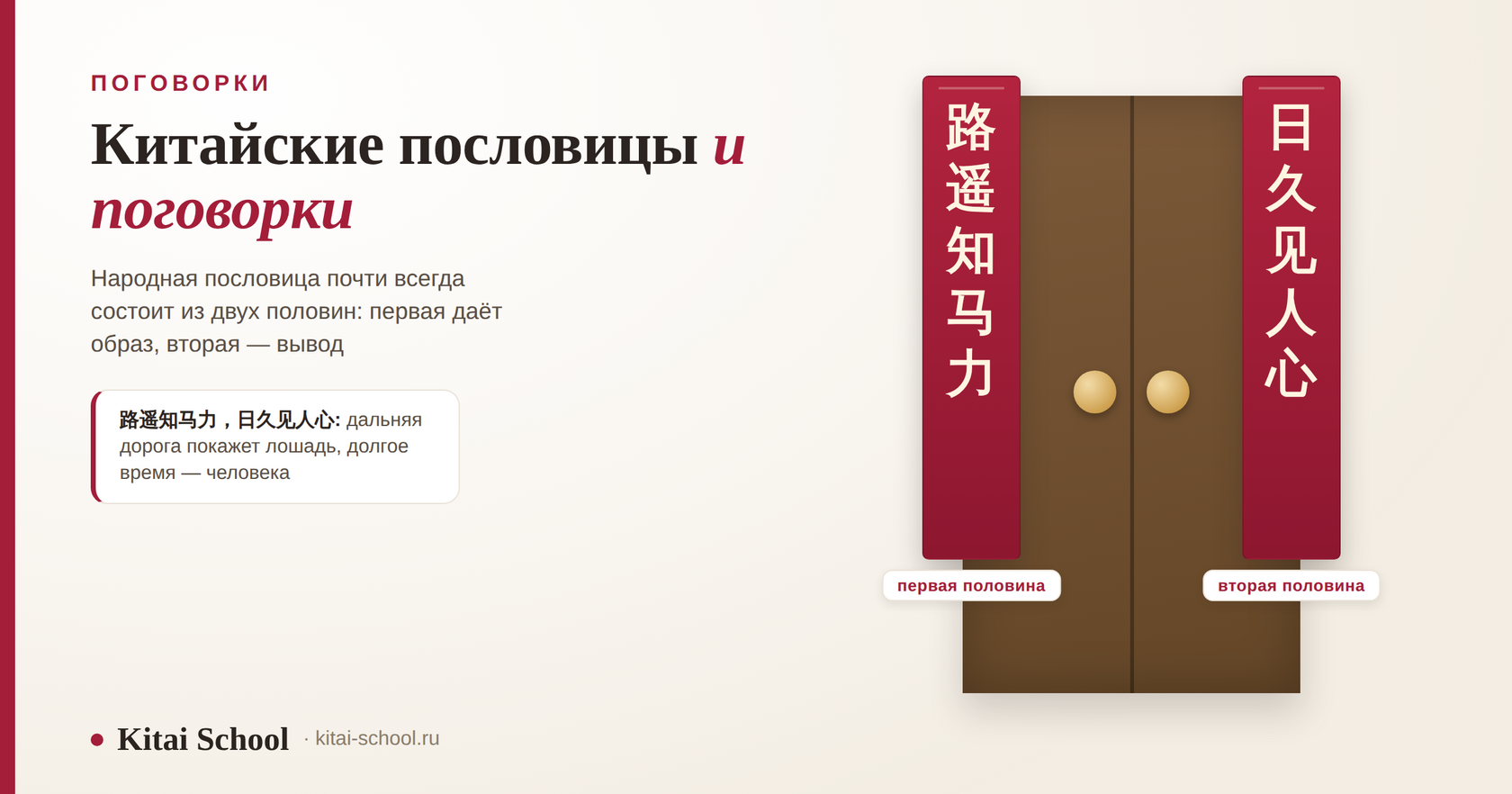 Красные парные надписи по сторонам двери: слева 路遥知马力, справа 日久见人心, с подписями «первая половина» и «вторая половина»