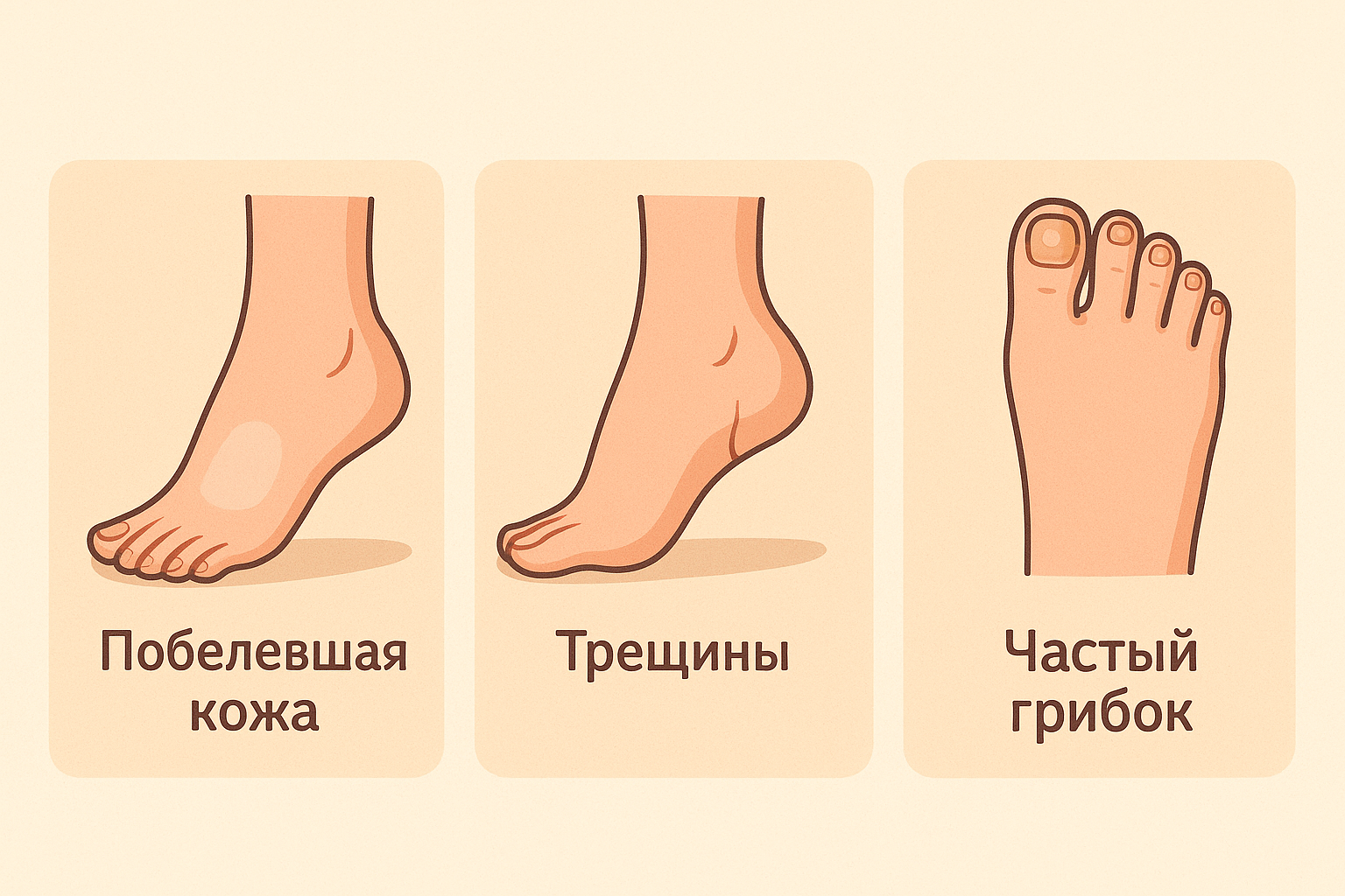 Симптомы гипергидроза стоп: побелевшая кожа, трещины, грибок.