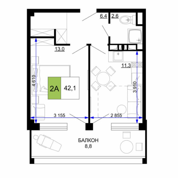 Планировка 2-комнатный 42,1 м²