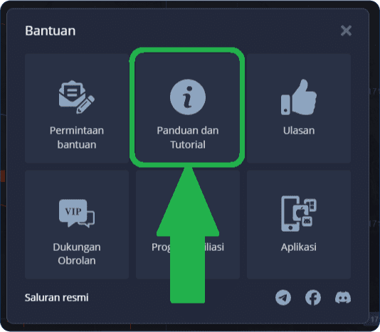 Menyiapkan aplikasi Pocket Option di komputer - jendela untuk memilih tab dengan panduan dan tutorial
