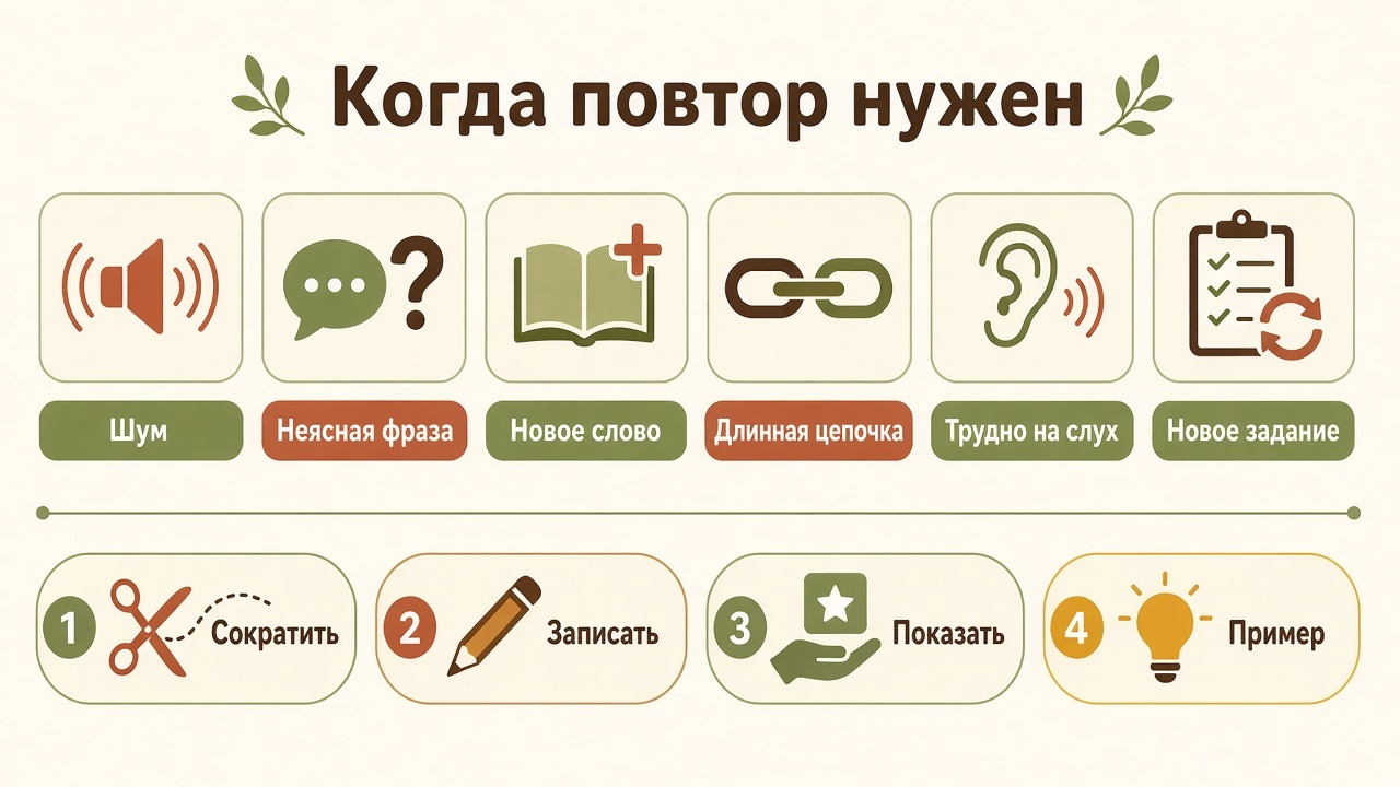 Когда повтор нужен: шум, неясная фраза, новое слово, длинная цепочка, трудно на слух, новое задание. Дальше: сократить, записать, показать, пример