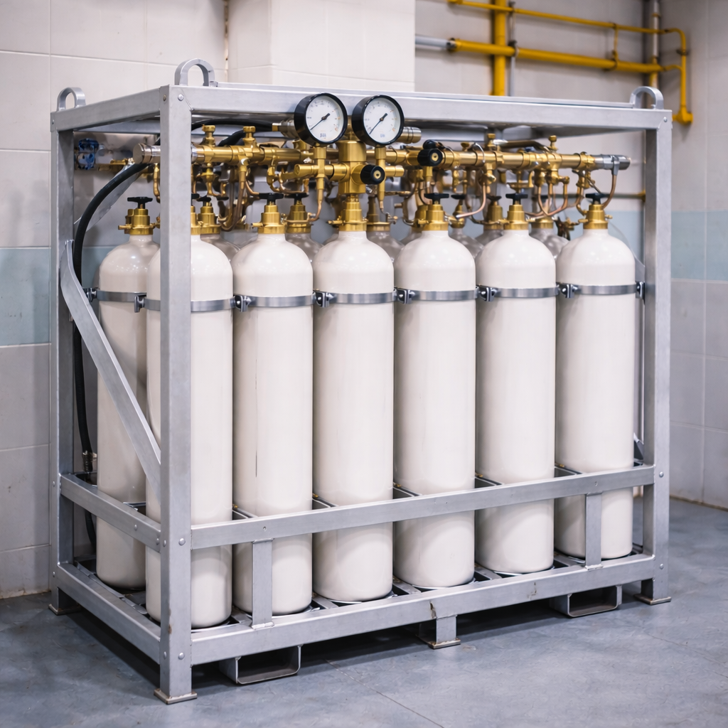 Медицинский газовый моноблок с белыми баллонами внутри металлической рамы и системой распределительных труб в техническом помещении больницы.