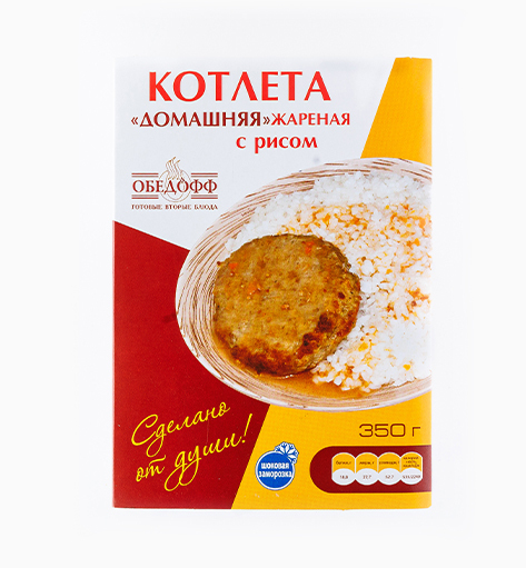 Котлета «Домашняя» жареная с рисом от производителя Мерилен — замороженный полуфабрикат. Масса нетто: 350 гр.