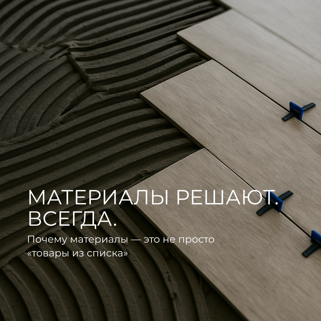 Крупный план процесса укладки плитки: текстурный слой клея с волнистыми бороздами и светлая керамическая плитка с пластиковыми крестиками для выравнивания. Изображение подчёркивает важность качества материалов. Текст на изображении: «Материалы решают. Все