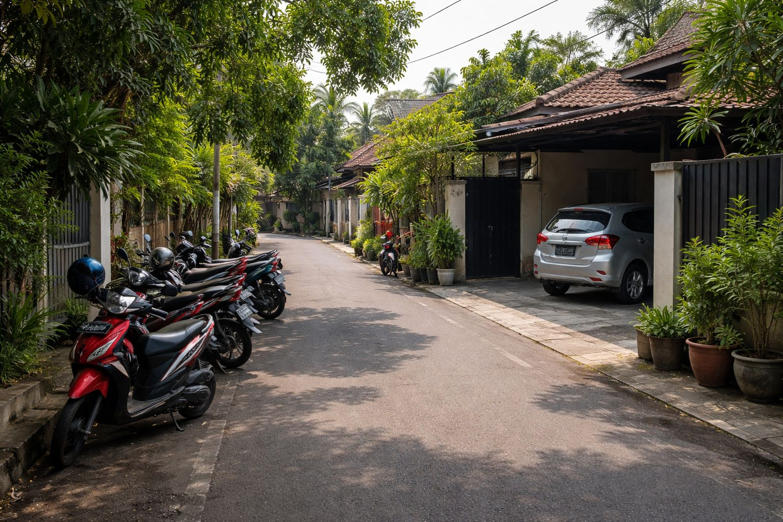 Jalan perumahan di Indonesia dengan motor dan mobil parkir rapi sebagai ilustrasi etika parkir di lingkungan warga