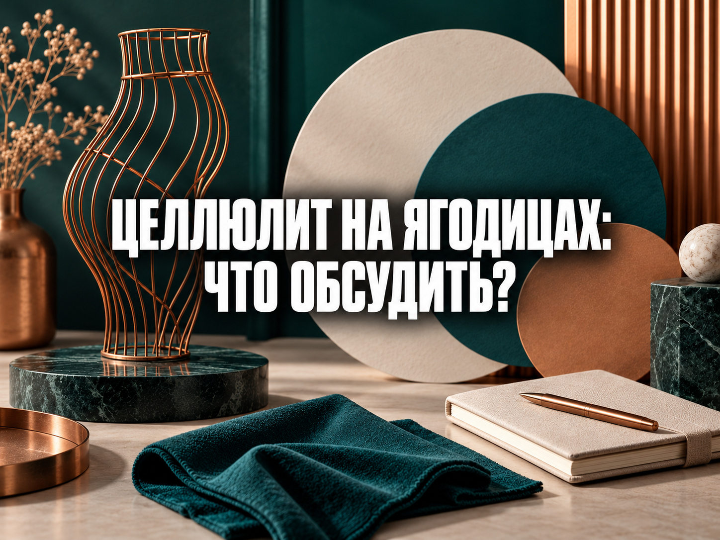Абстрактная композиция с медной контурной скульптурой, текстурными кругами и блокнотом; по центру фраза «ЦЕЛЛЮЛИТ НА ЯГОДИЦАХ: ЧТО ОБСУДИТЬ?»