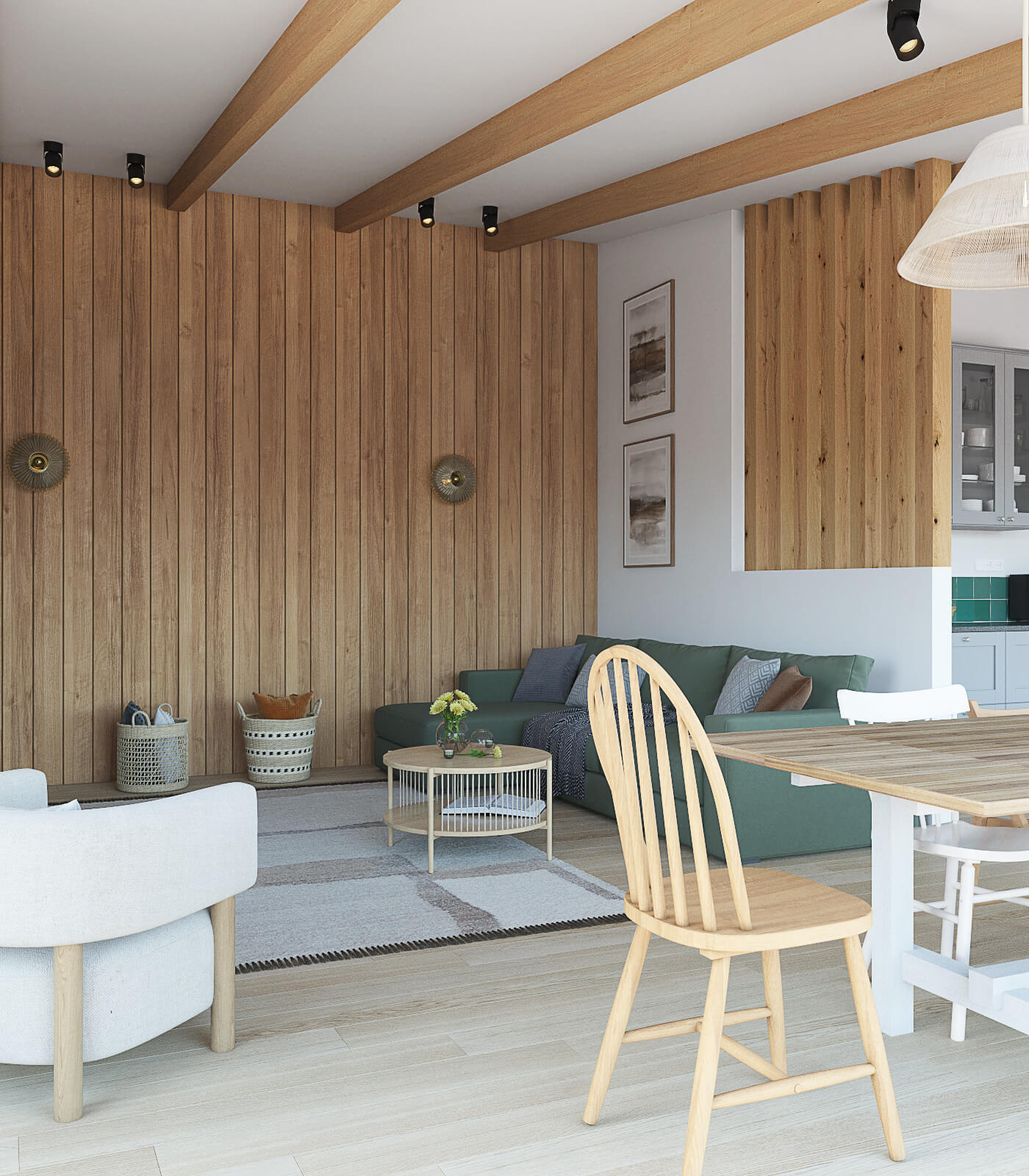 пристройка к дому с кухней, диван зеленого цвета, кухня, столовая.