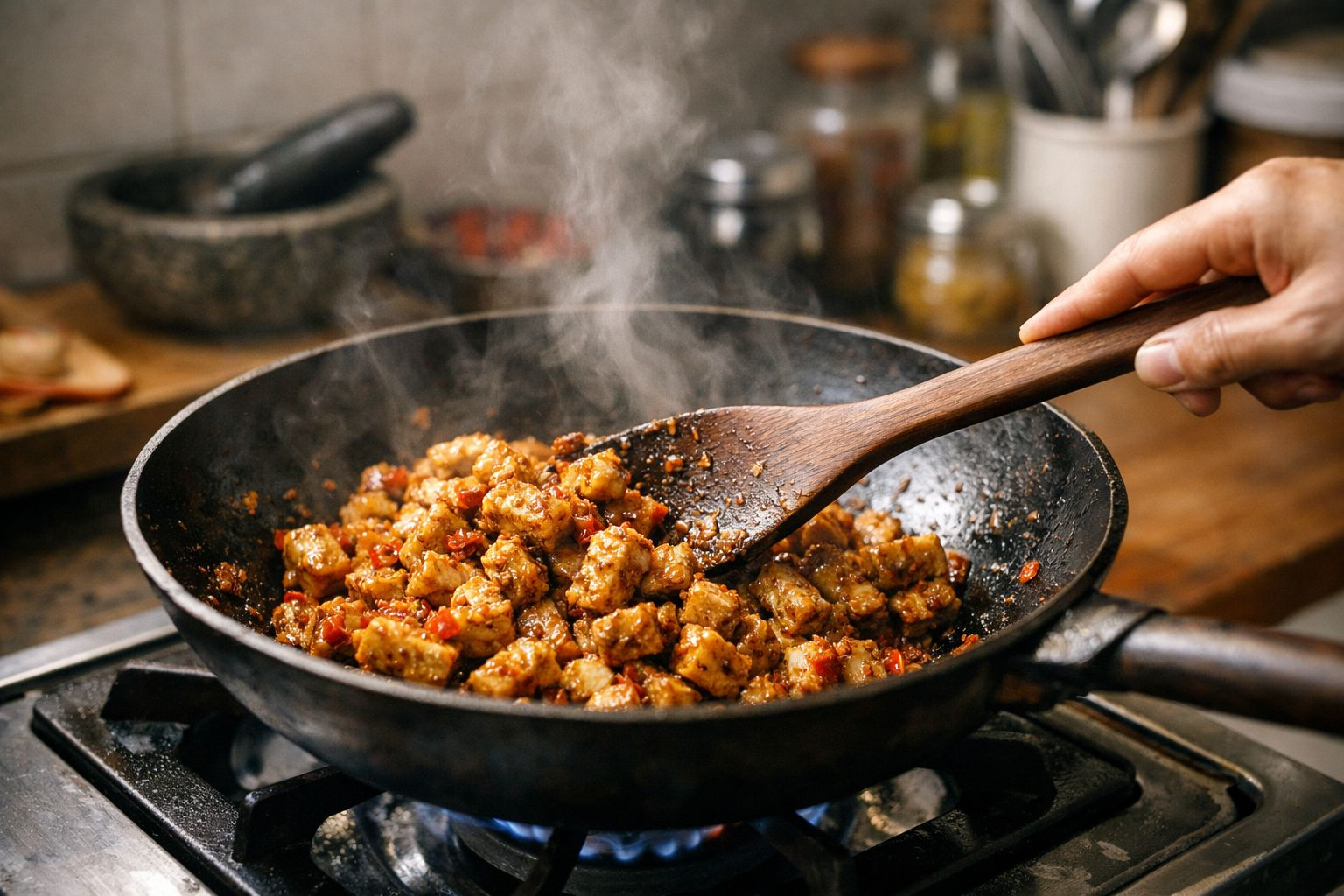 Proses memasak lauk protein untuk meal prep Indonesia di wajan panas dengan bumbu pedas manis