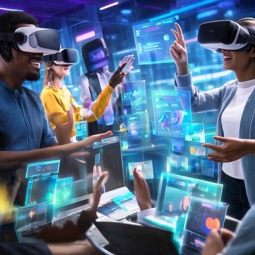 Люди в VR шлемах взаимодействуют в виртуальном социальном пространстве, демонстрируя новые формы общения