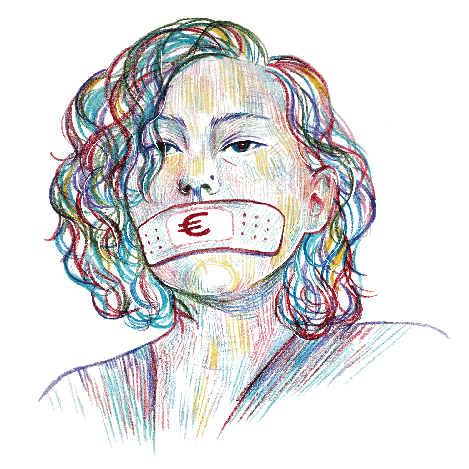 Тифлокомментарий. Цветная иллюстрация. Женщина изображена по грудь, ее рот заклеен большим пластырем, сверху символ евро. Иллюстрация выполнена цветными карандашами, тело и лицо женщины тонко заштрихованы, кудрявые локоны разных цветов. 