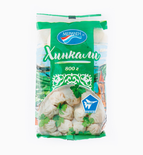 Хинкали от производителя Мерилен — замороженные полуфабрикаты с мясной начинкой. Упаковка: 800 гр.