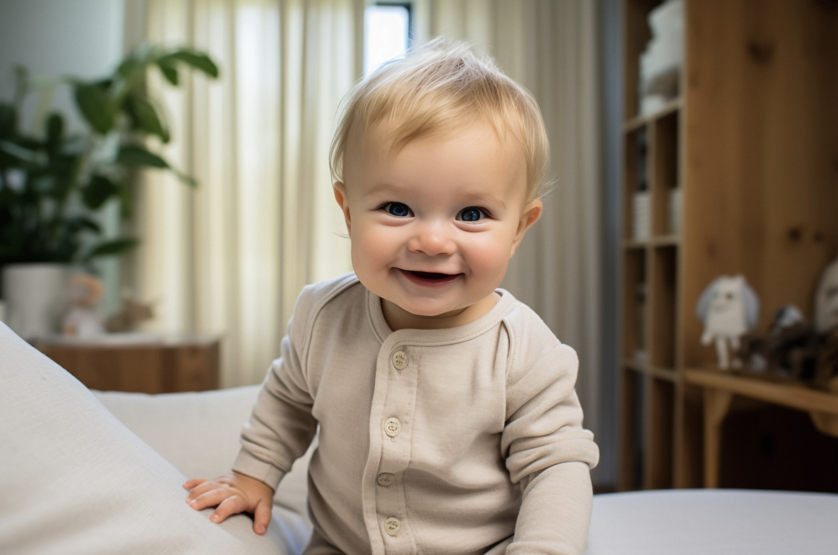 Smiling 1-year-old baby sitting indoors in beige outfit, showing early milestones like balance and social engagement.