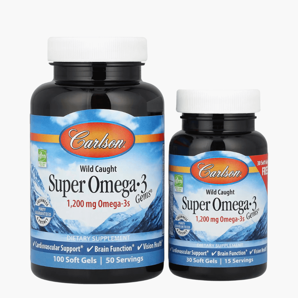 Упаковка Carlson Super Omega-3 Gems — омега-3 жирные кислоты для поддержания здоровья сердца и мозга.