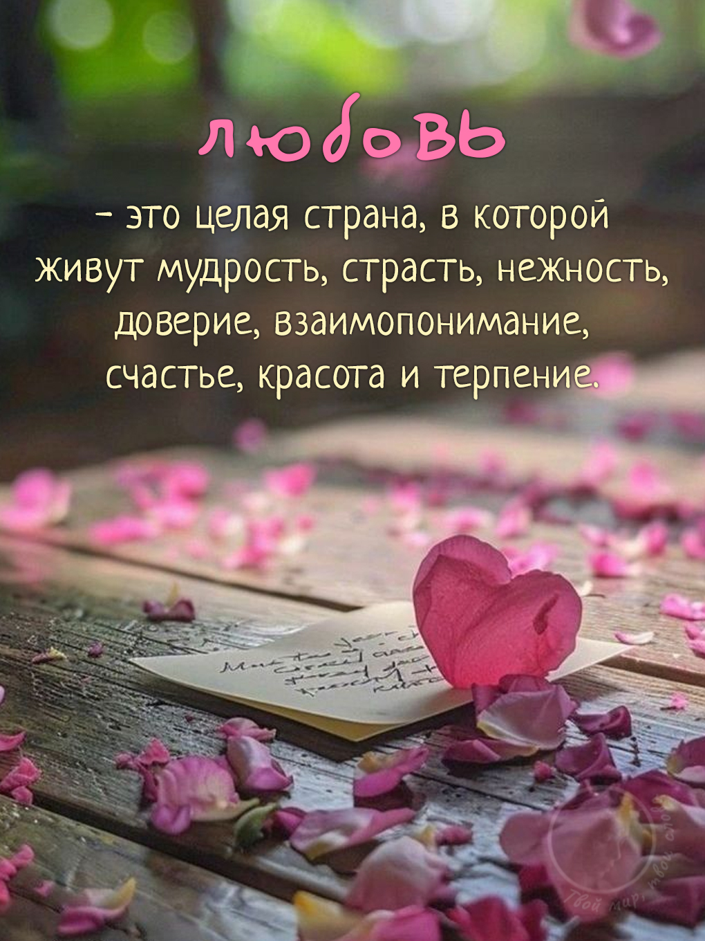 Картинки с добрыми цитатами: розовое сердце и лепестки на деревянной поверхности с вдохновляющей цитатой о любви и ее качествах.