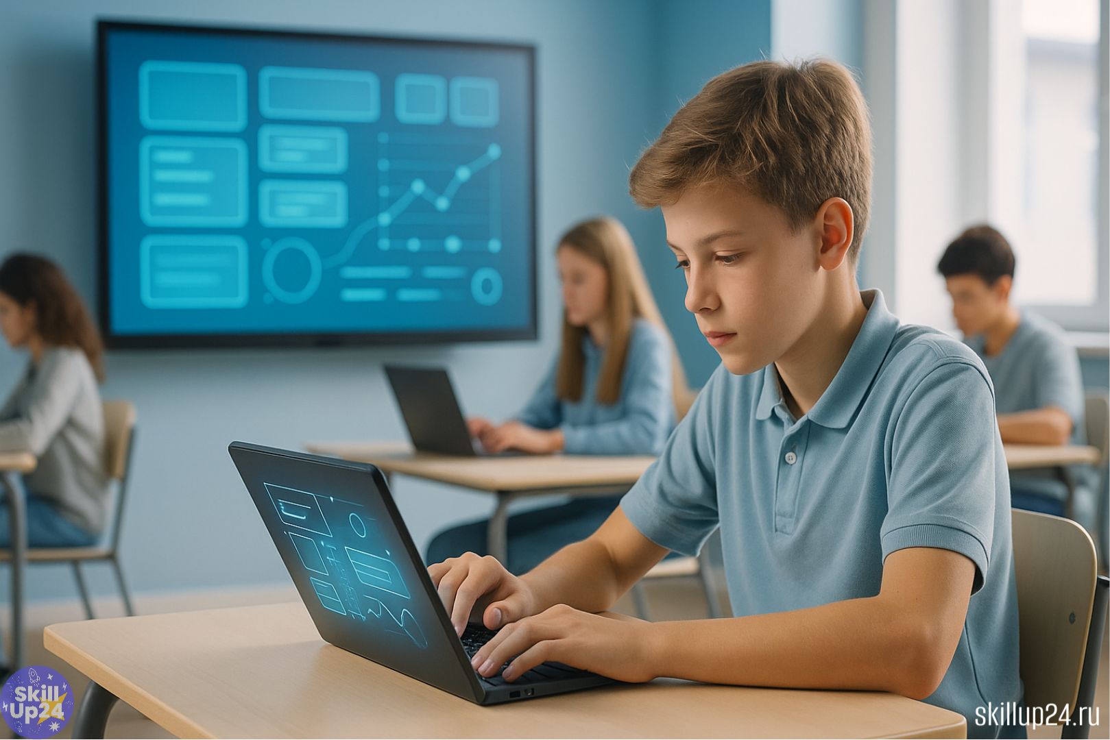 Современный цифровой класс: школьники 10–15 лет работают за ноутбуками и планшетами, интерактивная панель с абстрактным цифровым интерфейсом на фоне, атмосфера технологичной школы будущего, цифровое расписание и автоматизация уроков. Фото для онлайн-школы