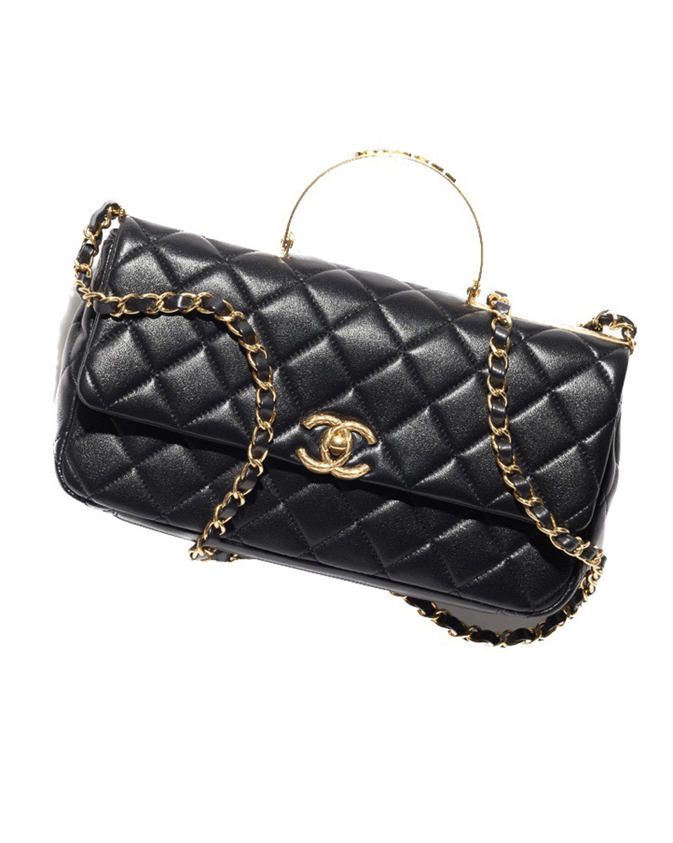 Chanel Bag in black shiny leather, strass chain handle and metal AS4600