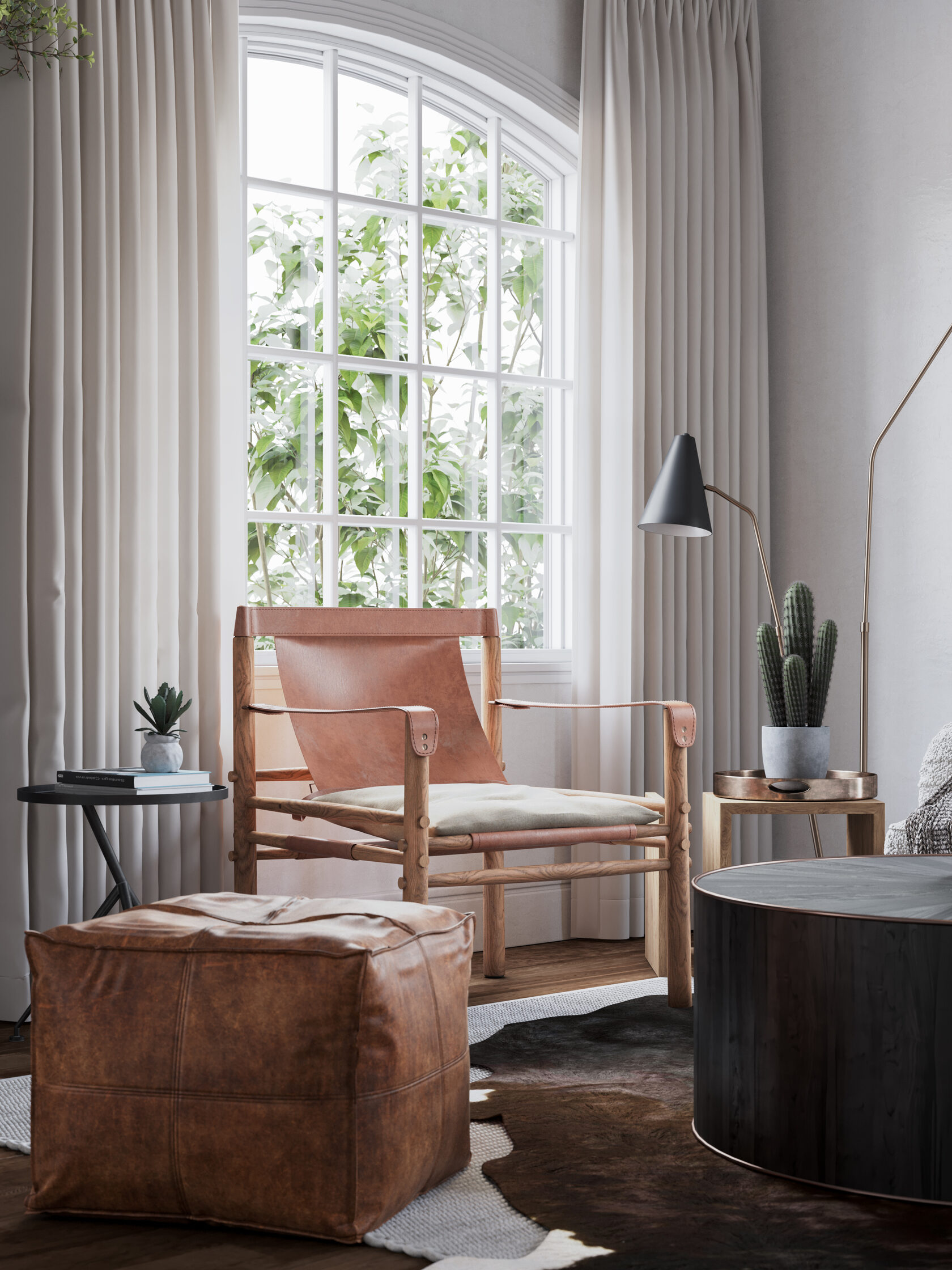 Кожаное кресло, большие окна, шпросы 