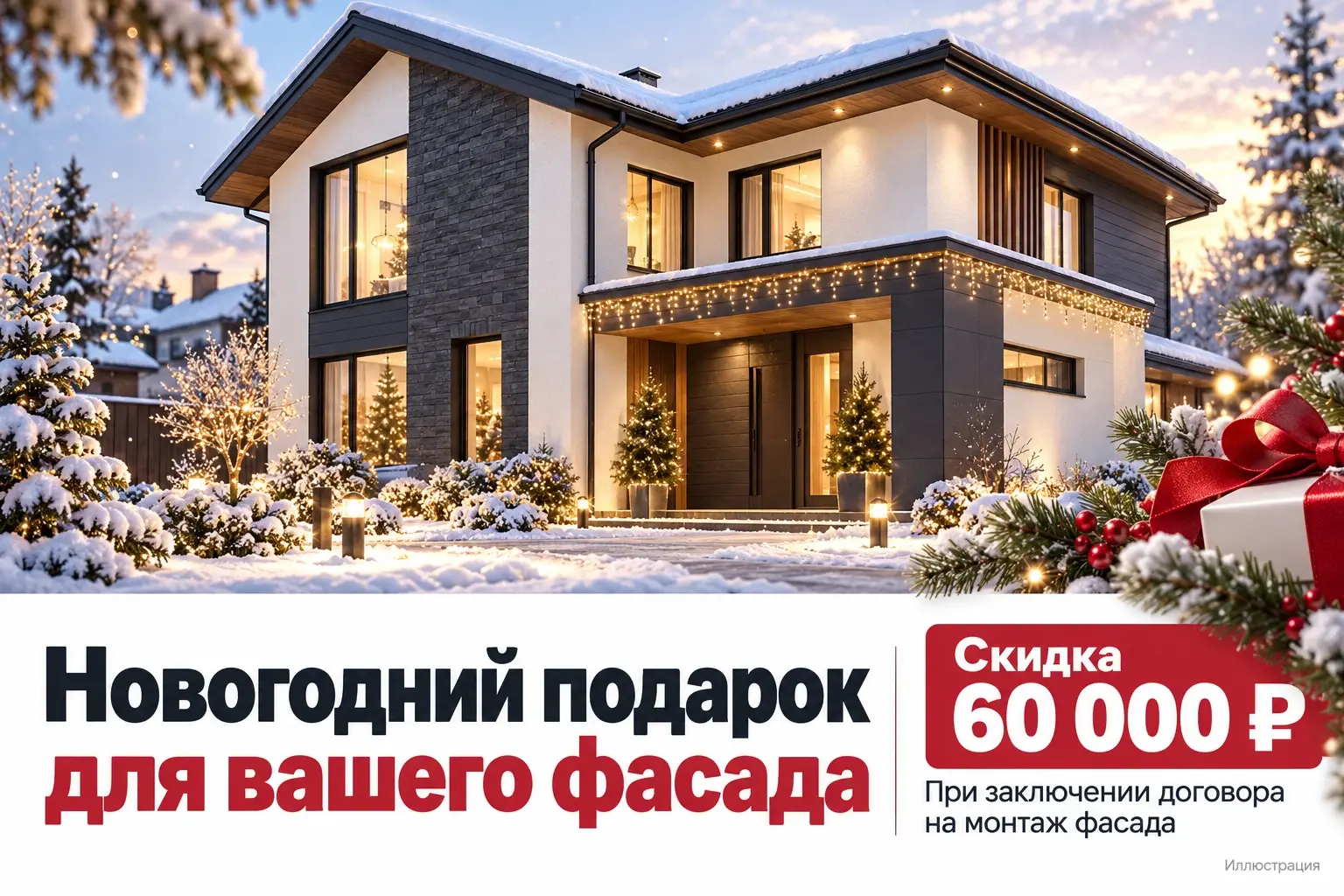 Новогодний подарок для вашего фасада — скидка 60 000 рублей при заключении договора на монтаж фасада. Иллюстрация.