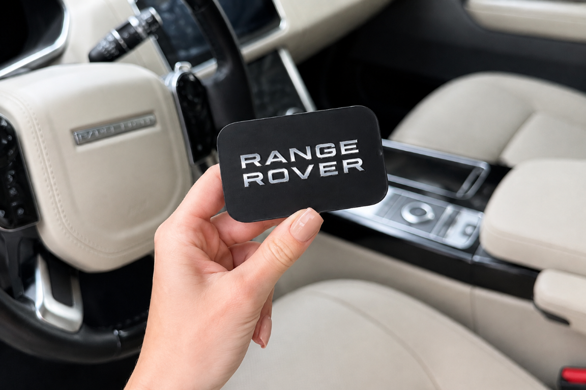Брендированная баночка с драже Range Rover в руке на фоне салона автомобиля