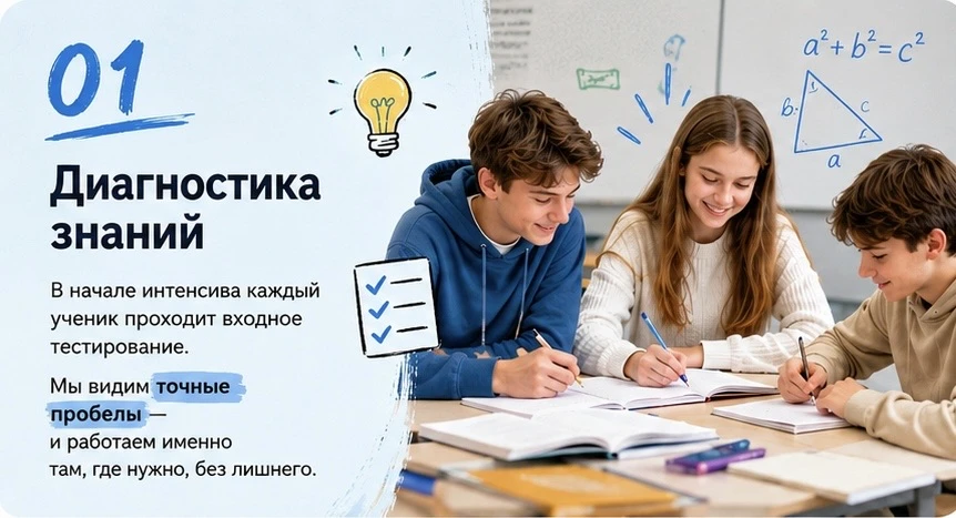 01. Диагностика знаний. В начале интенсива каждый ученик проходит входное тестирование. Мы видим точные пробелы и работаем именно там, где нужно, без лишнего.