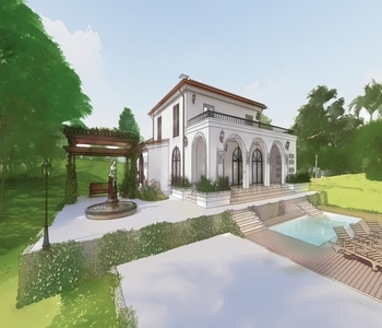 двухэтажный дом в классическом стиле белого цвета со статуей, бассейном с лежаками и джакузи во дворе